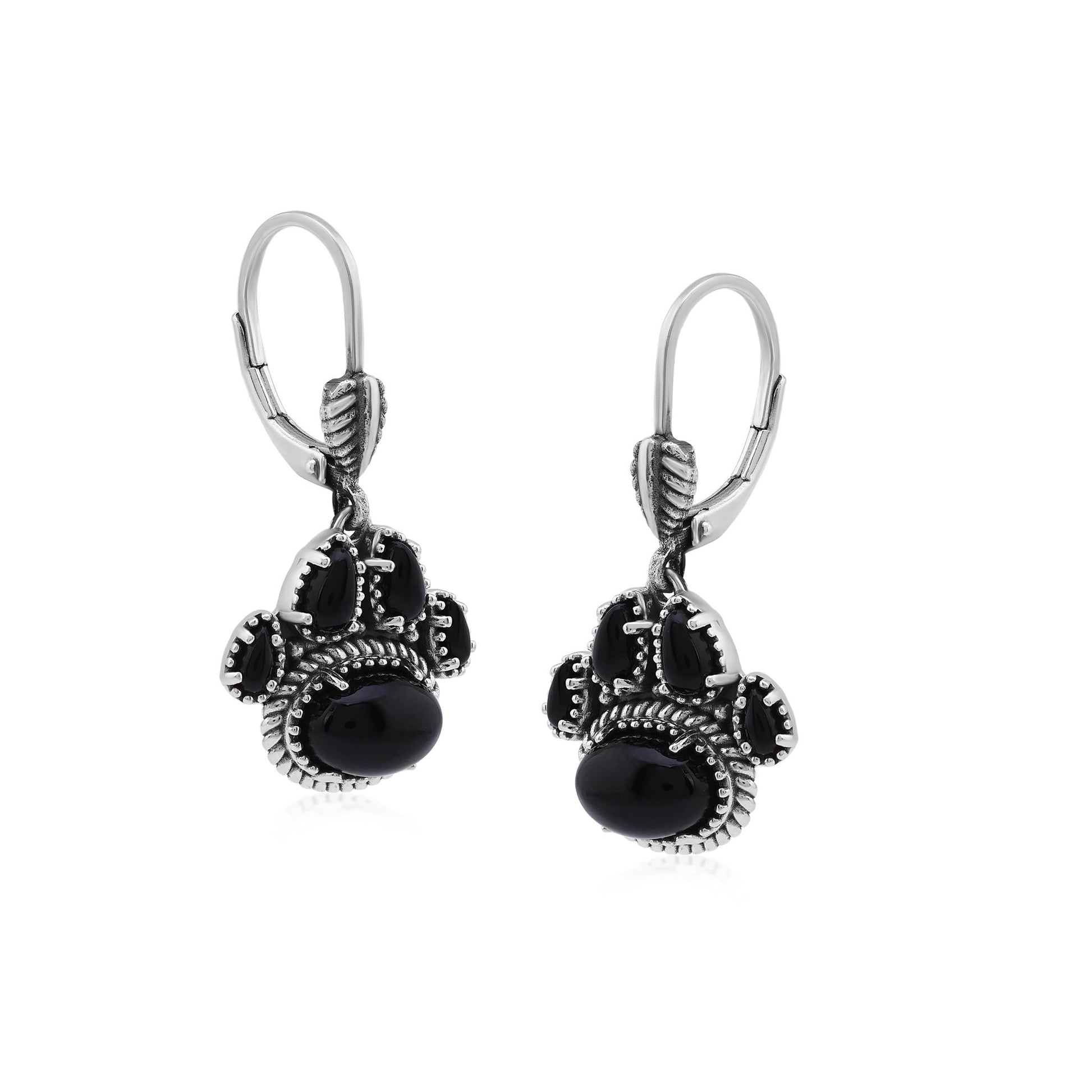 Sterling Silver Black Onyx Pawprint Lever Back Earrings