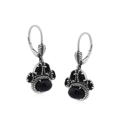 Sterling Silver Black Onyx Pawprint Lever Back Earrings