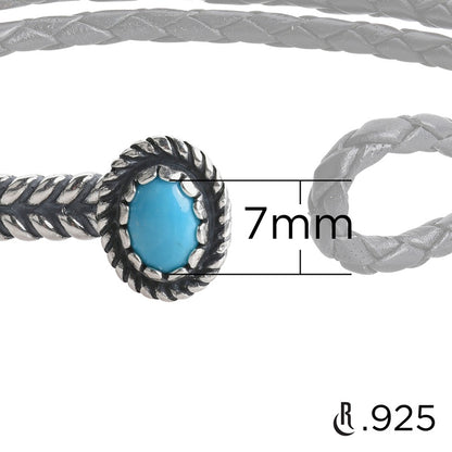 Sterling Silver Blue Turquoise Gemstone Hook and Loop Bar Black Leather Bracelet Size S, M or L