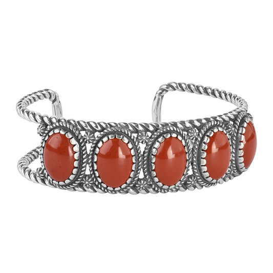 Sterling Silver Red Jasper Gemstone 5-Stone Cuff Bracelet Sizes S, M or L