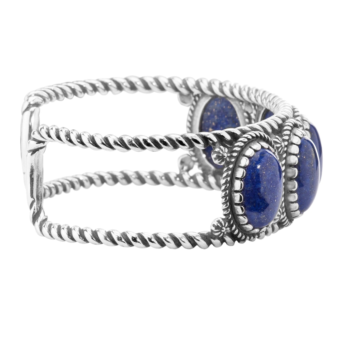 Sterling Silver Lapis Lazuli Gemstone 5-Stone Cuff Bracelet Size S, M or L