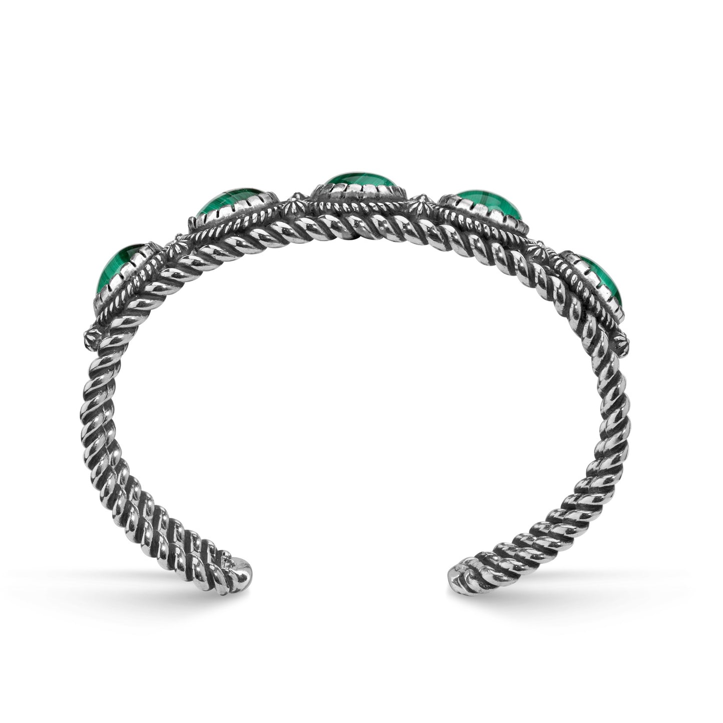 Sterling Silver Green Malachite Gemstone 5-Stone Cuff Bracelet Size S, M or L