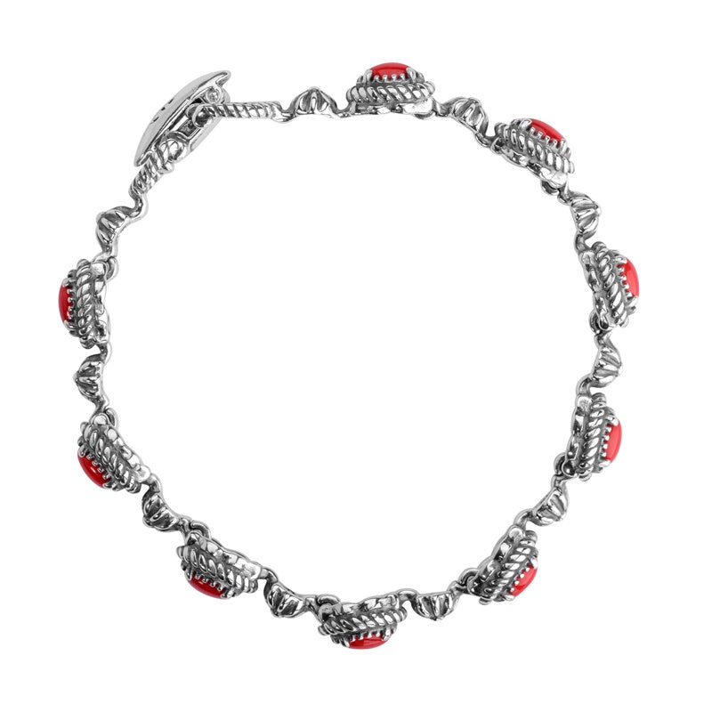 Sterling Silver Red Coral Gemstone Tennis Bracelet Size S, M or L