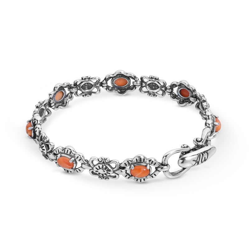 Sterling Silver Orange Spiny Gemstone Concho Link Bracelet Size S, M or L