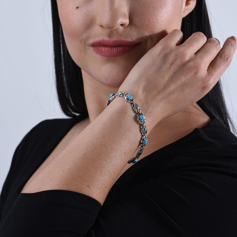 Sterling Silver Blue Turquoise Gemstone Concha Link Bracelet Size