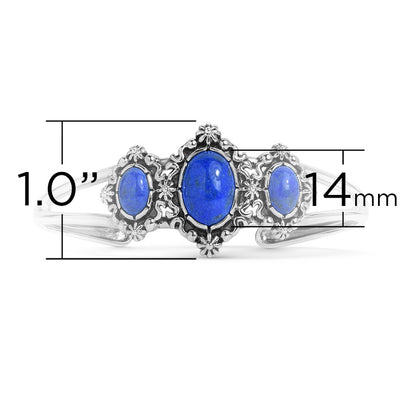 Sterling Silver Three Denim Lapis Oval Gemstone Cuff Bracelet Size S, M or L