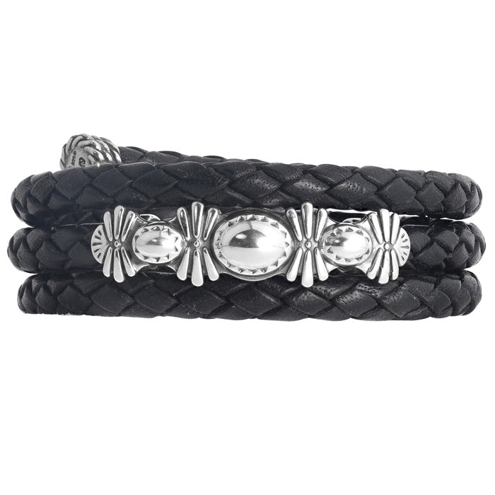 Sterling Silver Black Braided Leather Coil Wrap Bracelet One Size Fits Most