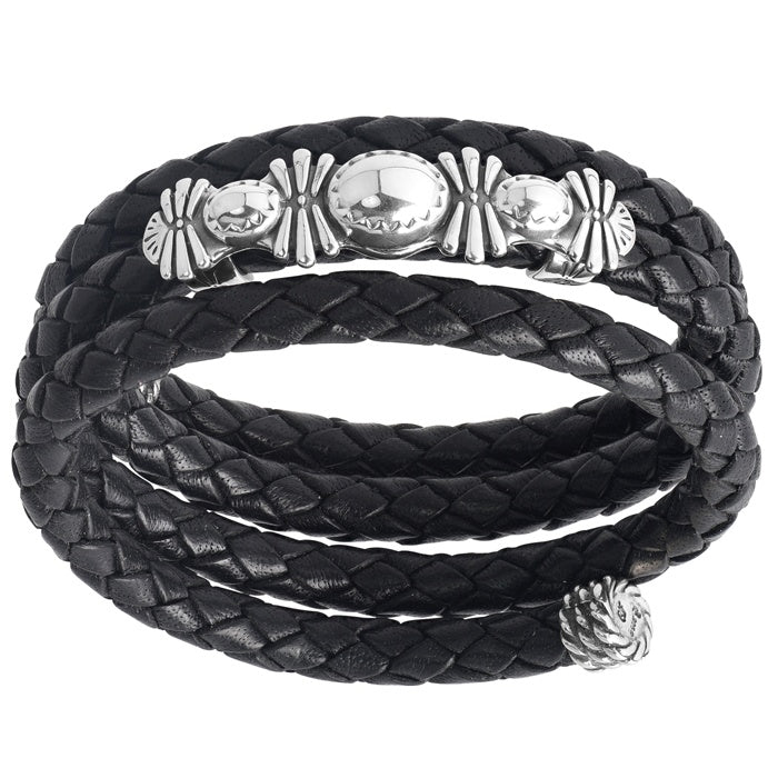 Sterling Silver Black Braided Leather Coil Wrap Bracelet One Size Fits Most