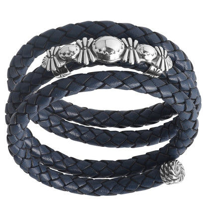 Sterling Silver Blue Braided Leather Coil Wrap Bracelet One Size Fits Most