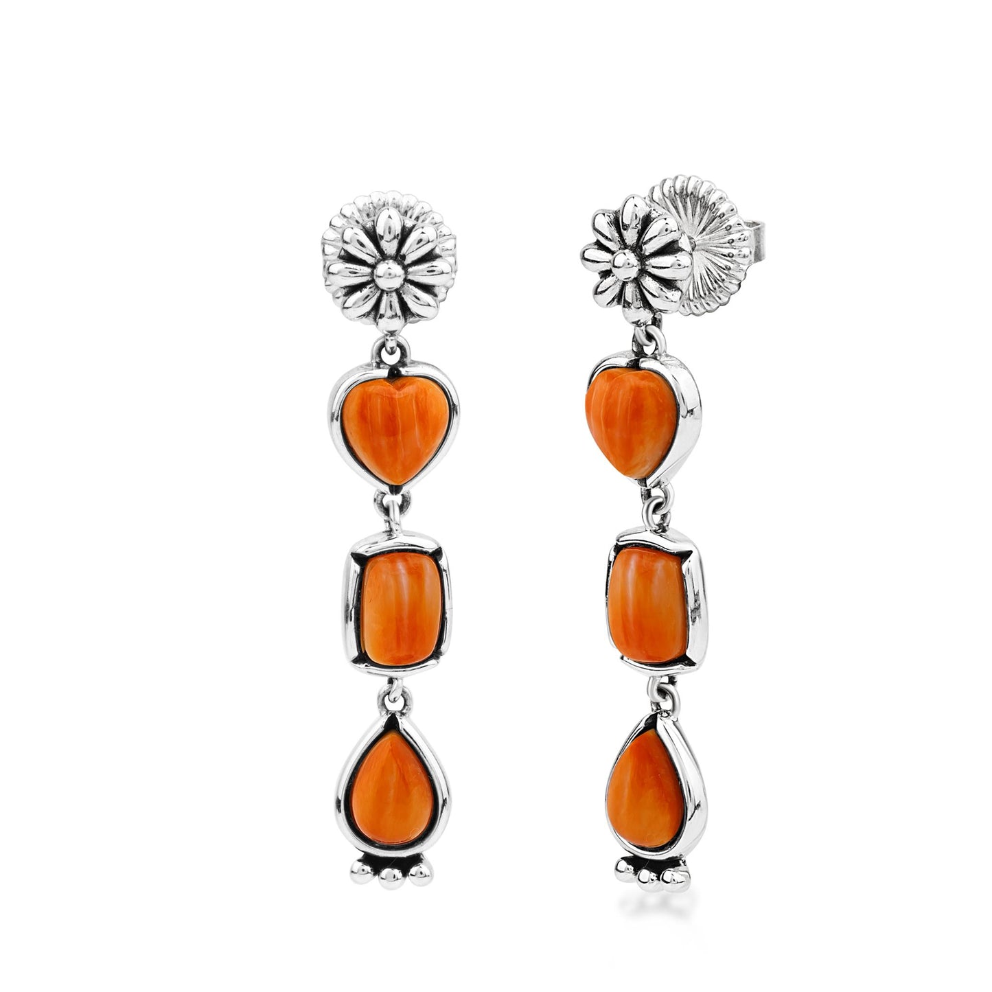 Sterling Silver Orange Spiny Oyster Gemstone Heart, Rectangle and Pear Concha Post Dangle Earrings 