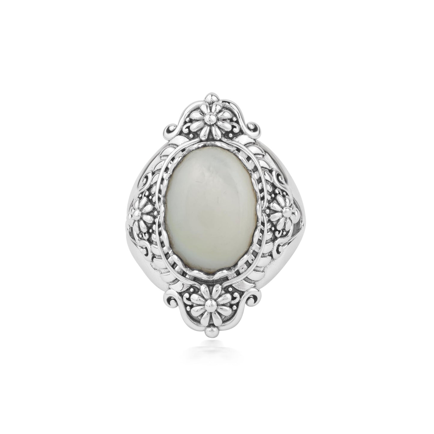  Sterling Silver White Mother of Pearl Oval Scalloped Concha Ring