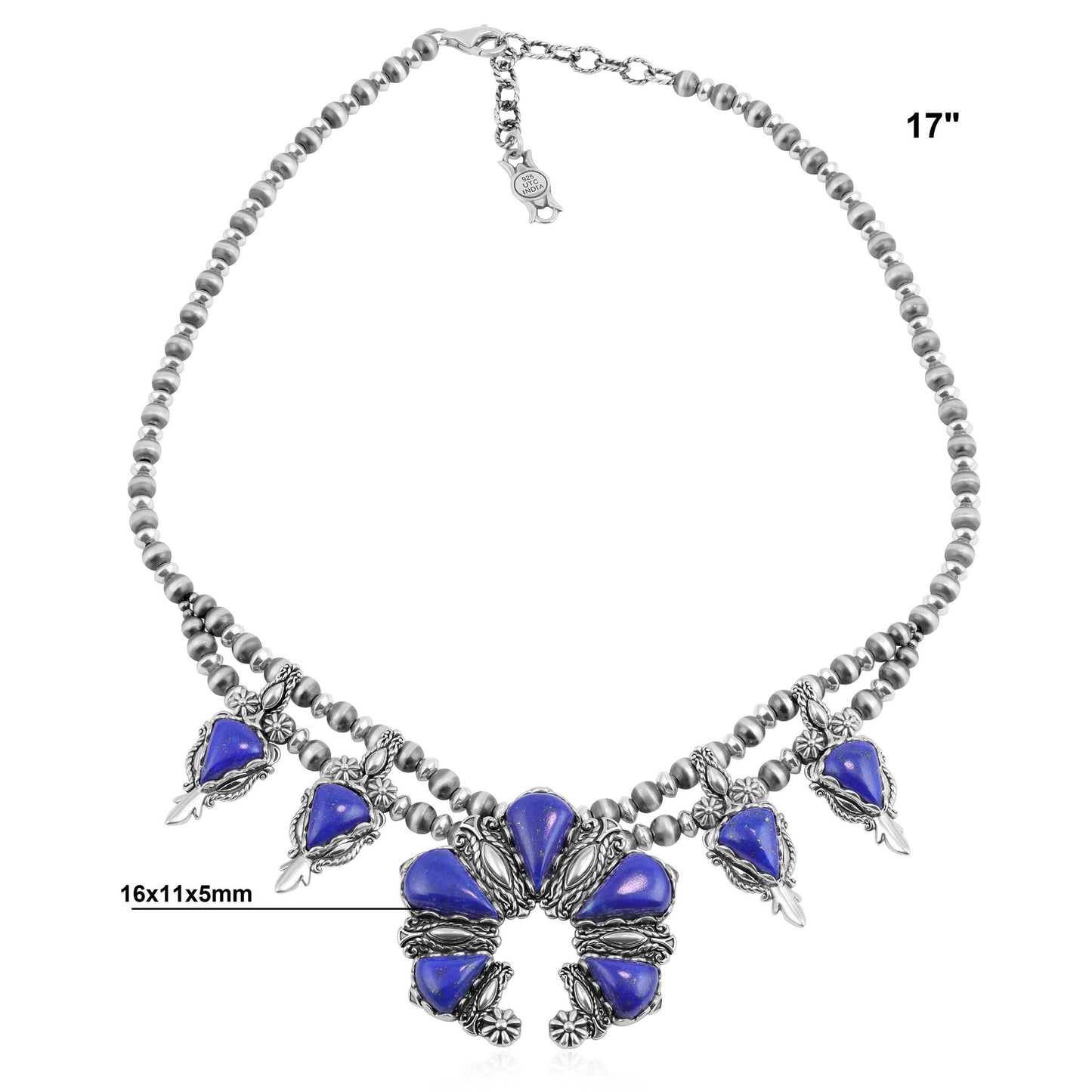 Sterling Silver Lapis Pear Gemstone Squash Blossom Necklace, 17 to 20 Inches