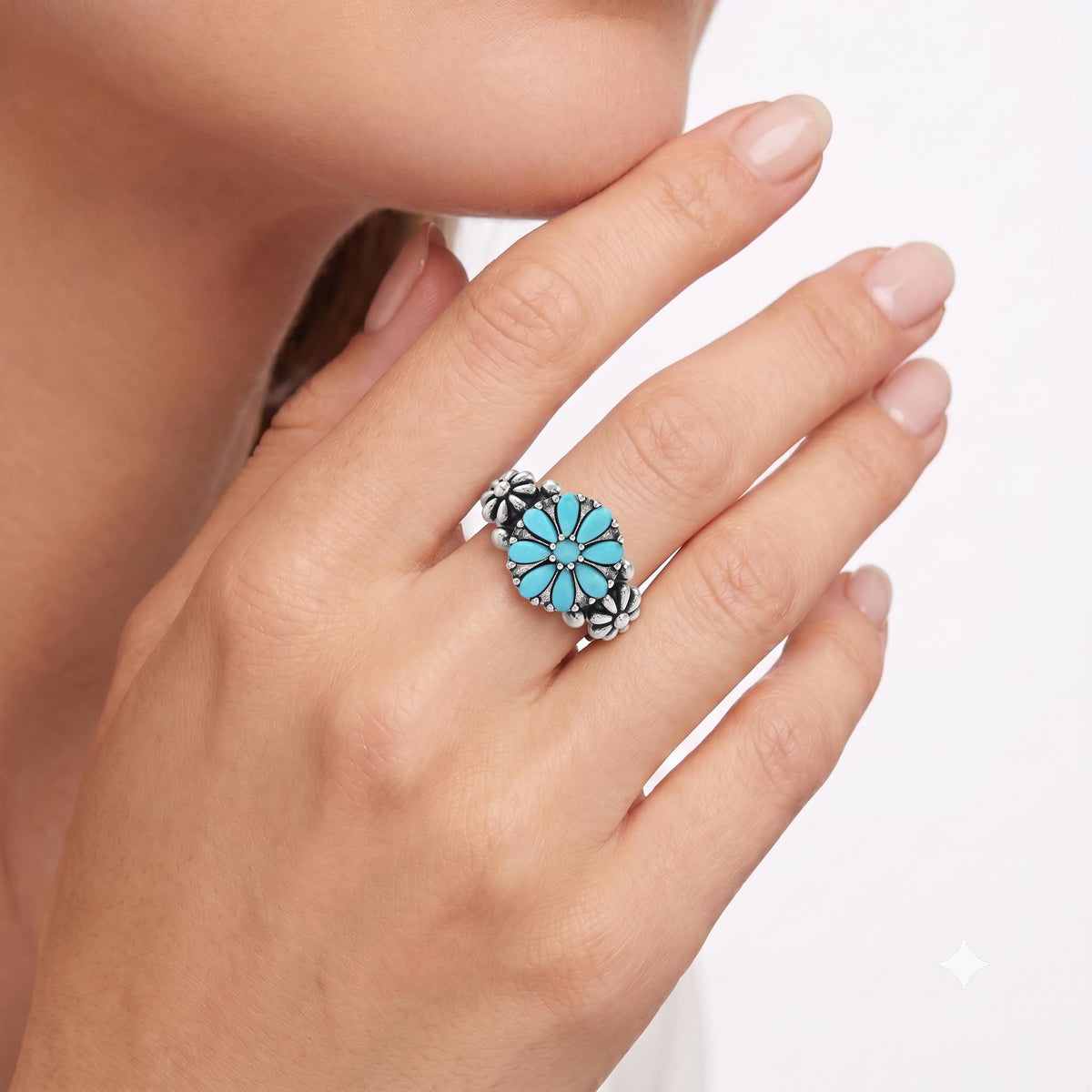 Sterling Silver Sleeping Beauty Turquoise Concha Flower Ring