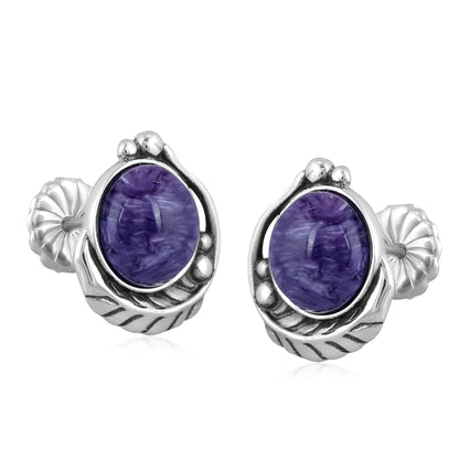 EXCLUSIVELY OURS! Sterling Silver Charoite Leaf Design Button Earrings