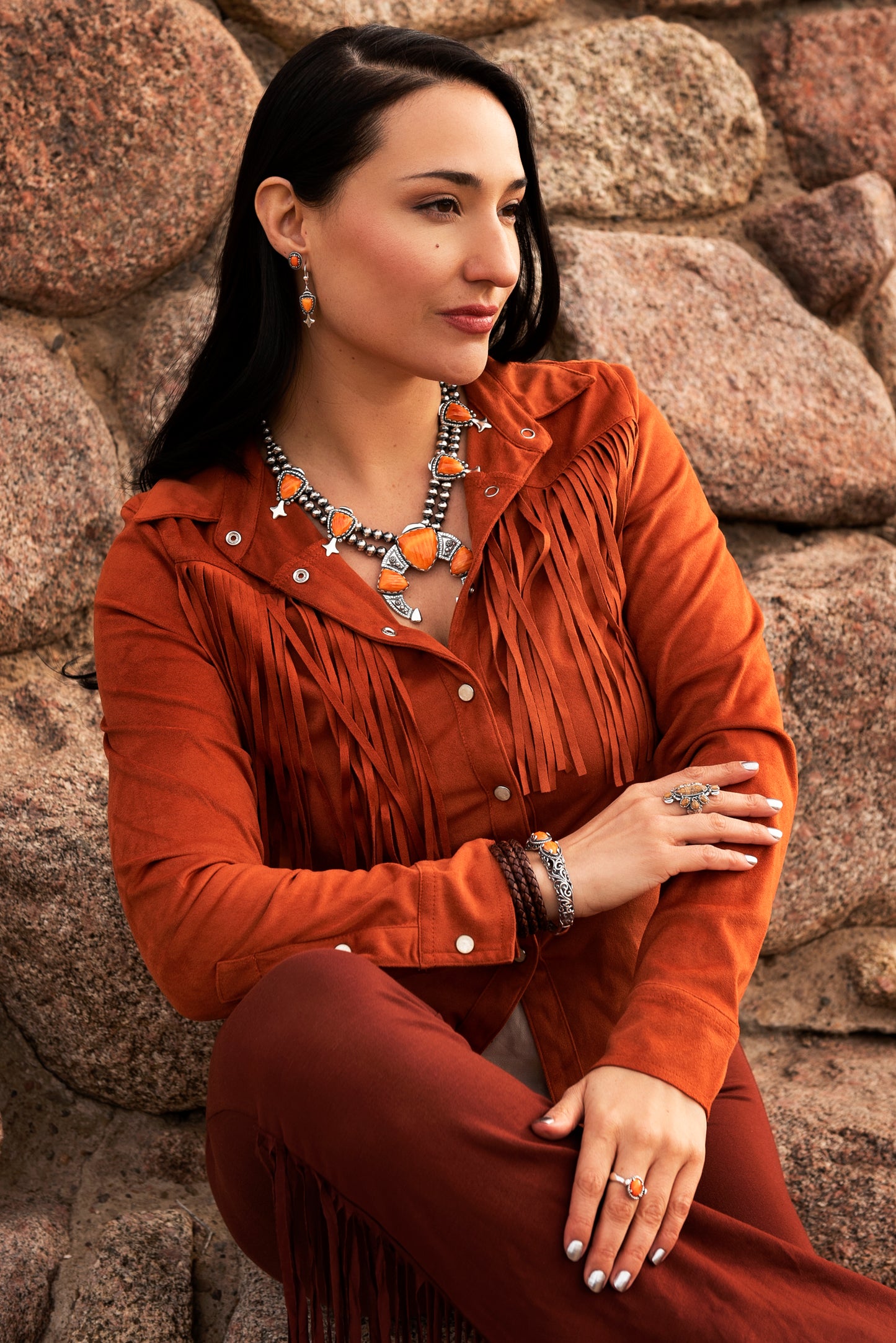 LIMITED EDITION! Sterling Silver Orange Spiny Oyster Arrowhead Squash Blossom Statement Necklace, 18 to 21 Inches