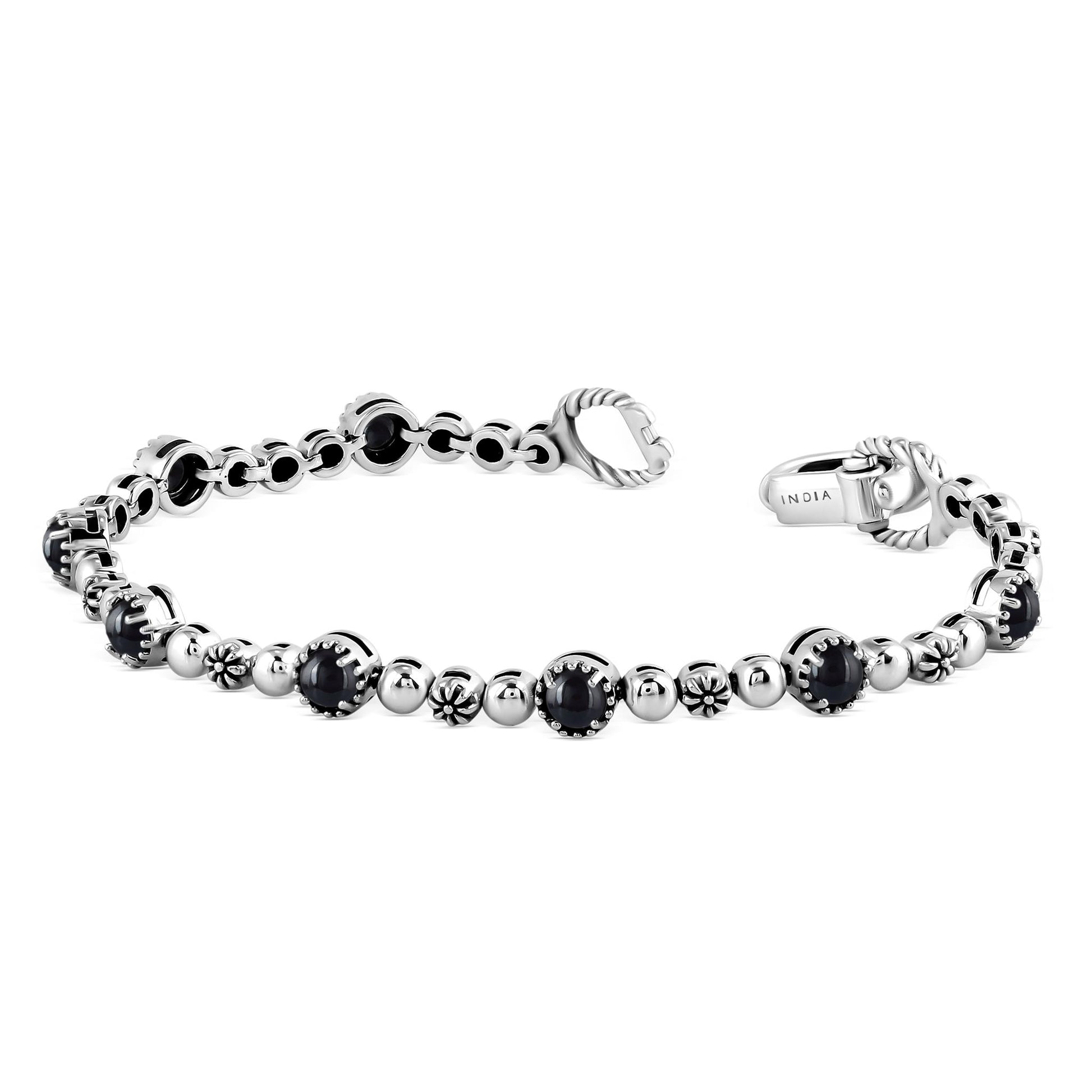 Sterling Silver Black Onyx Round Beaded Bracelet