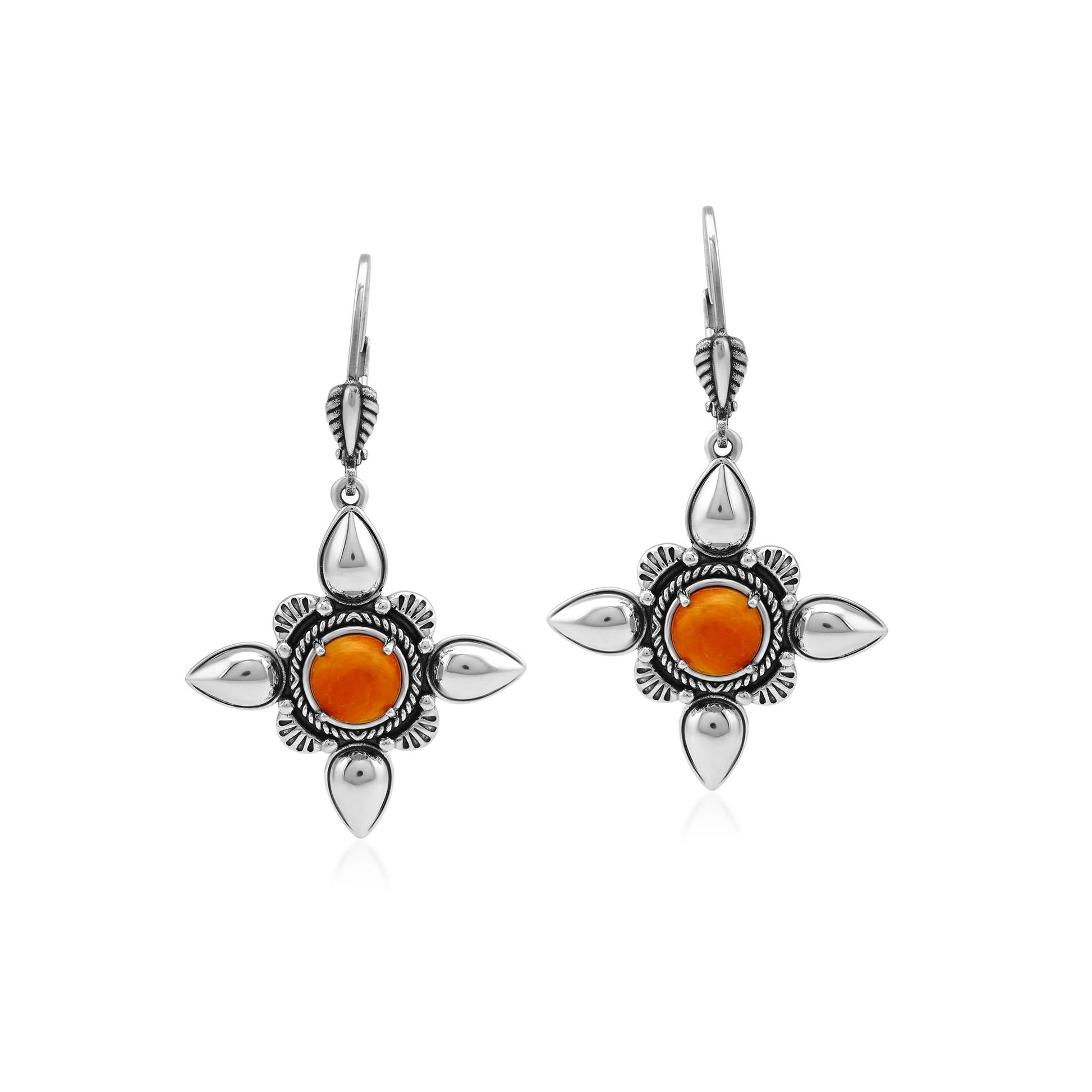 Sterling Silver Orange Spiny Oyster Compass Star Lever Back Earrings