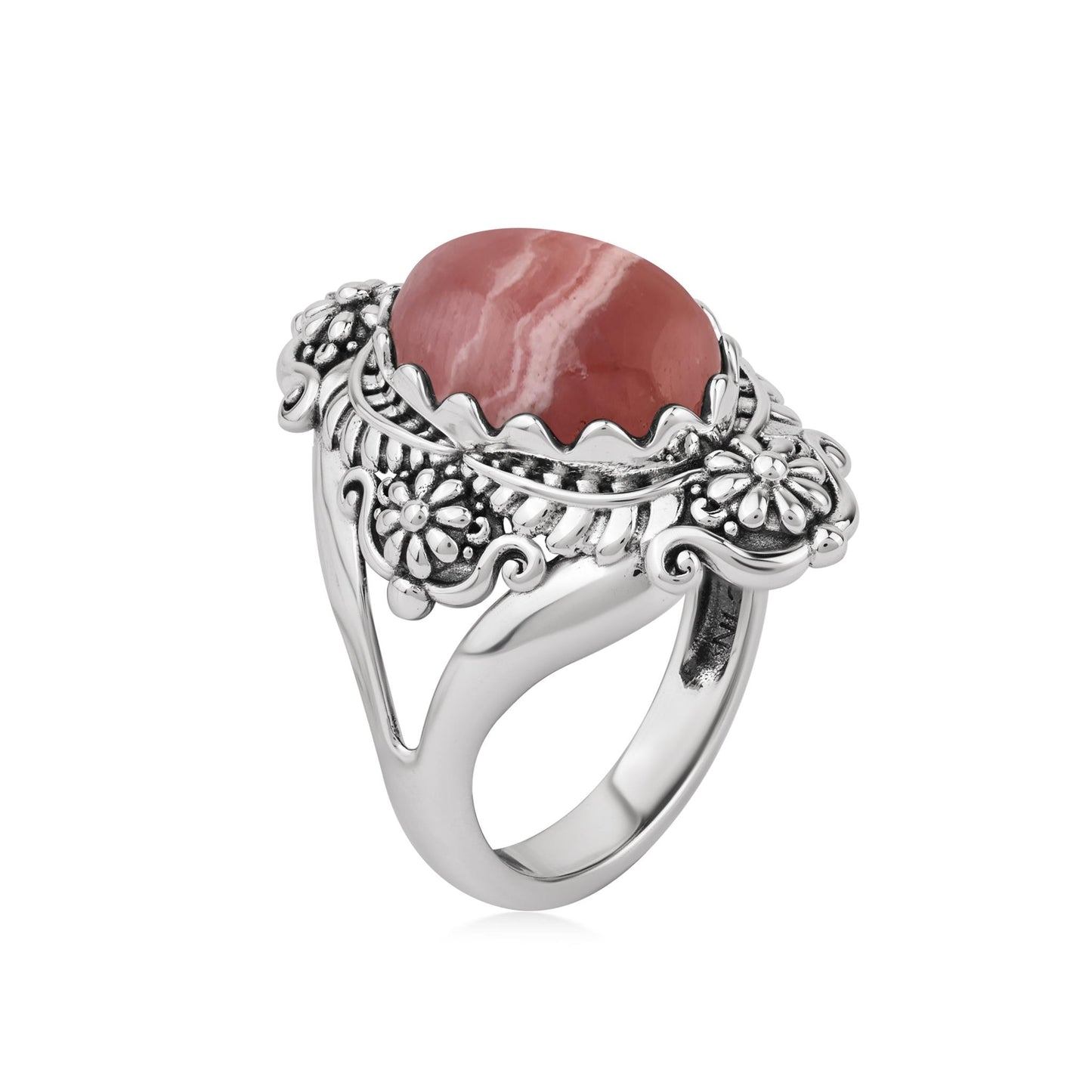  Sterling Silver Rhodochrosite Oval Scalloped Concha Ring