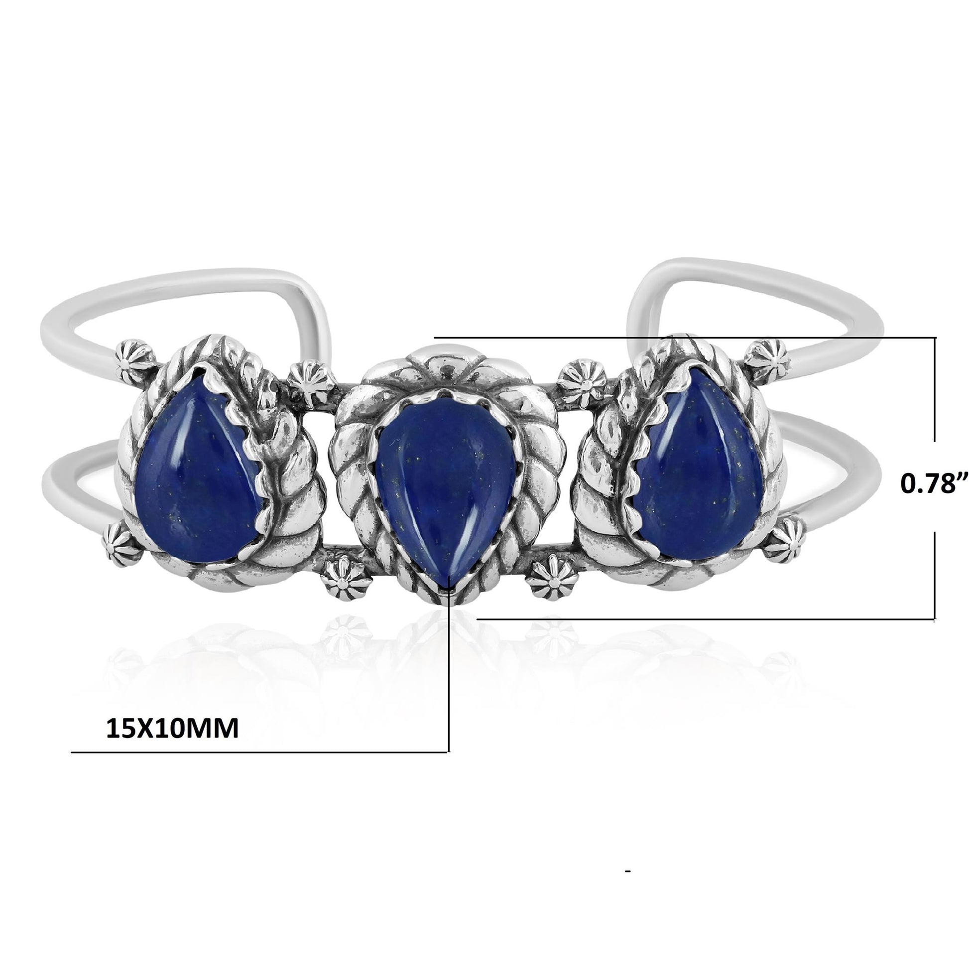 Sterling Silver Lapis Pear Cut Rope Design Cuff Bracelet