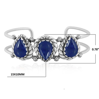 Sterling Silver Lapis Pear Cut Rope Design Cuff Bracelet