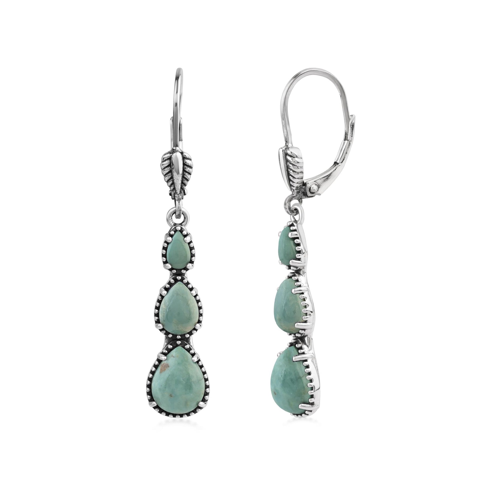  Sterling Silver Green Turquoise 3-Pear Drop Lever Back Earrings