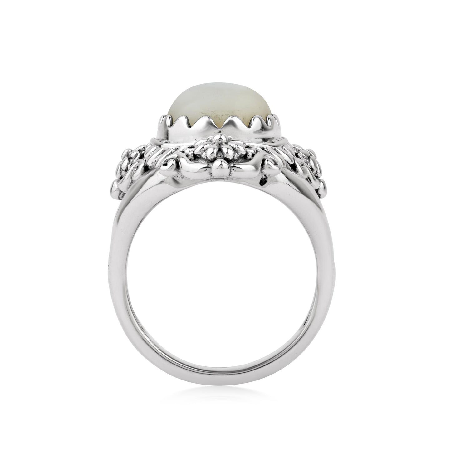  Sterling Silver White Mother of Pearl Oval Scalloped Concha Ring