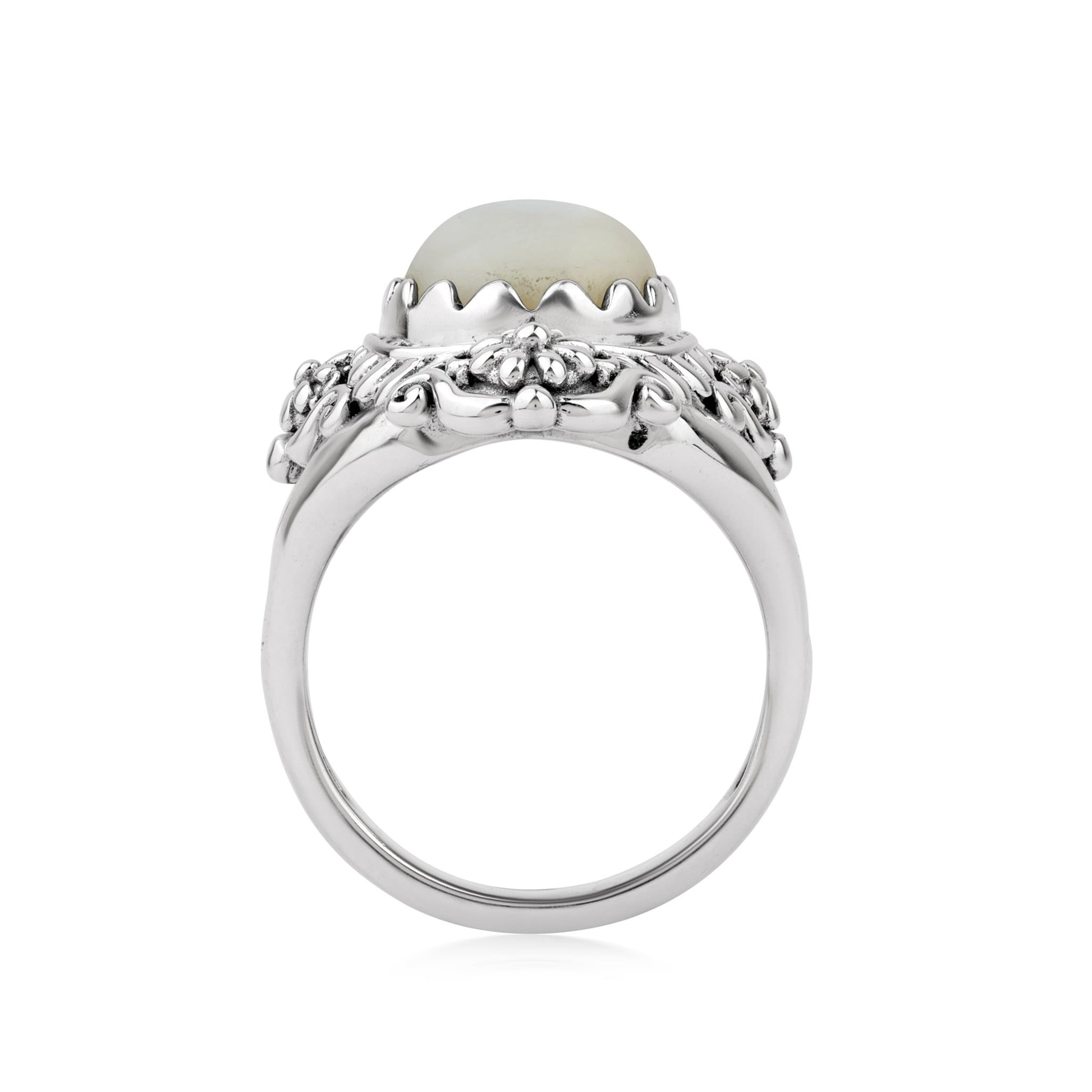  Sterling Silver White Mother of Pearl Oval Scalloped Concha Ring