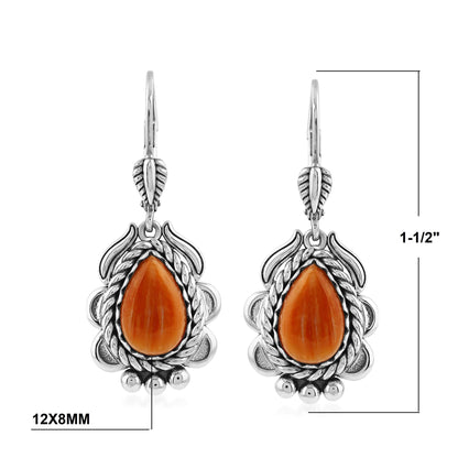 Sterling Silver Orange Spiny Oyster Pear-Cut Rope Design Lever Back Earrings