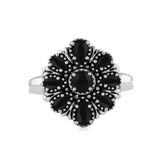  Sterling Silver Black Onyx Flower Cluster Ring