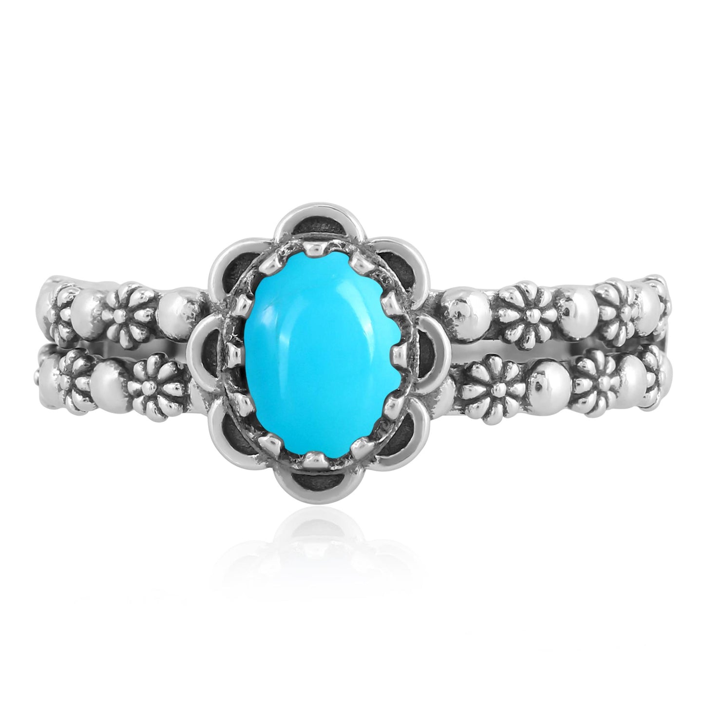 EXCLUSIVELY OURS! Sterling Silver Sleeping Beauty Turquoise Double Row Concha Flower Ring, Sizes 5 to 10