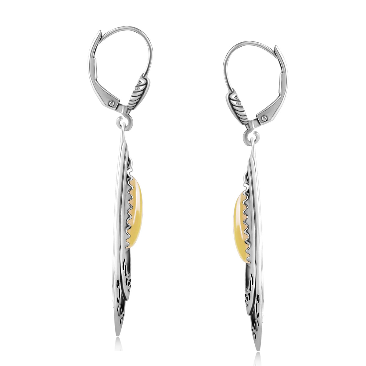 Sterling Silver Yellow Mother of Pearl Open Teardrop Lever Back Earrings
