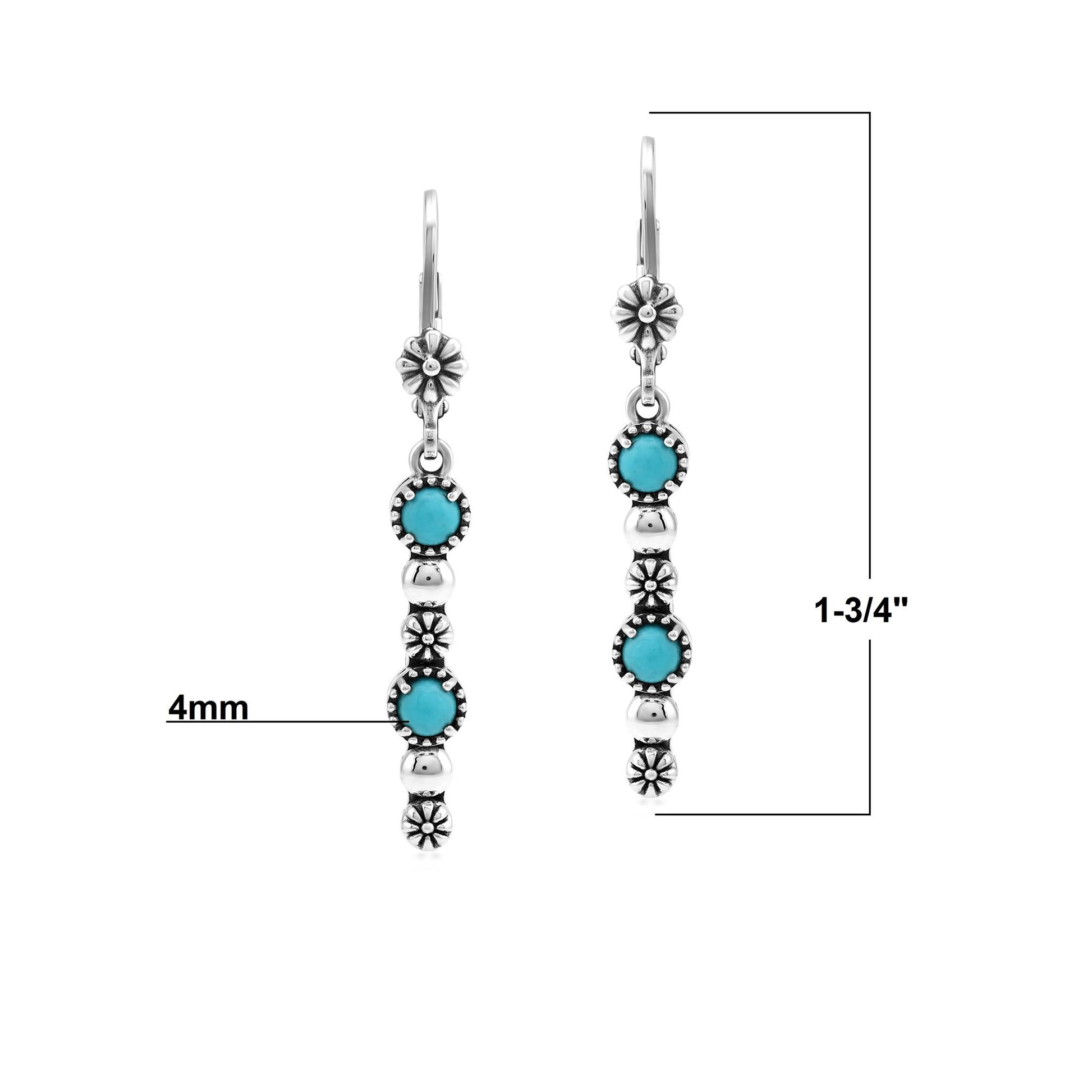 Sterling Silver Sleeping Beauty Turquoise Round Gemstone and Concha Linear Lever Back Earrings