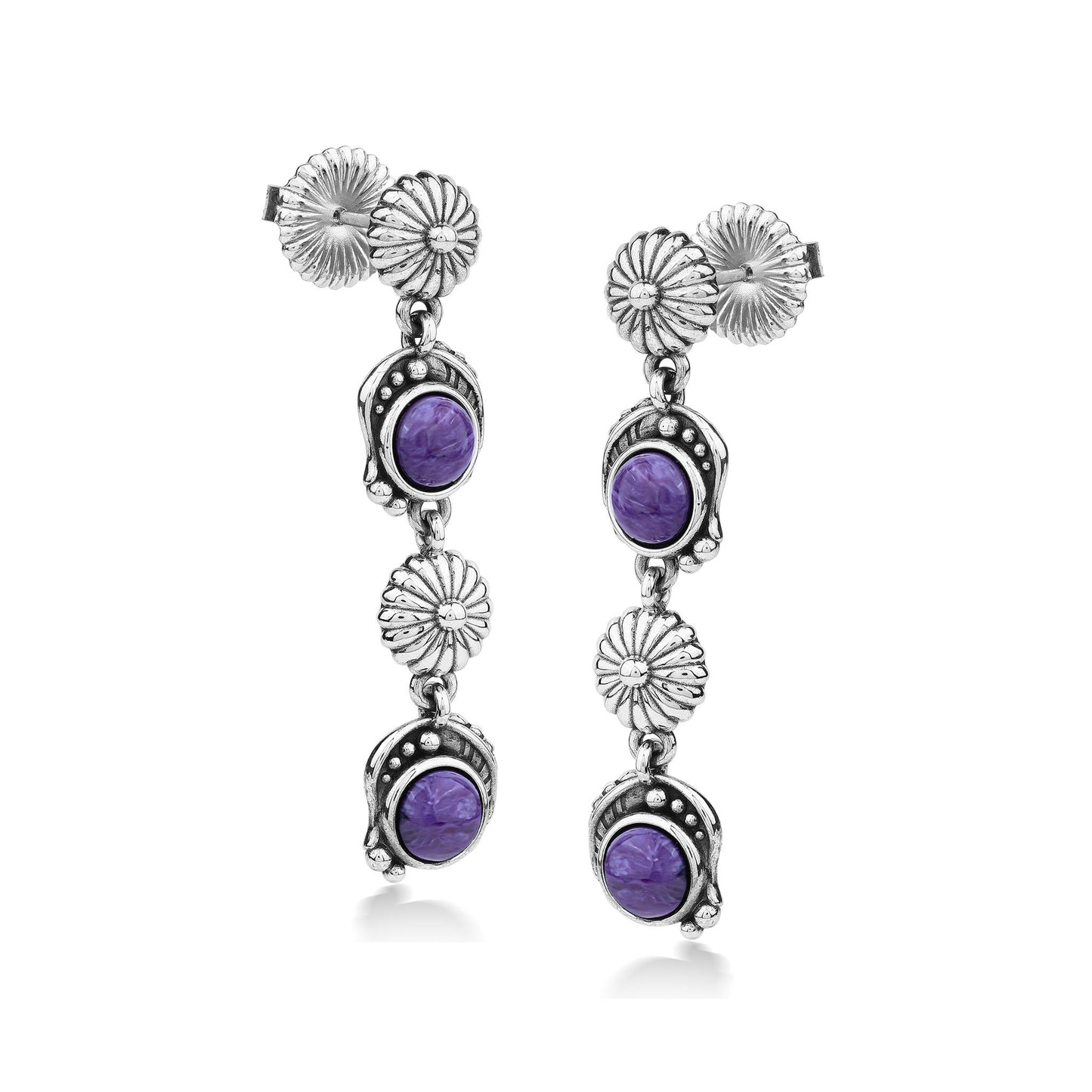 EXCLUSIVELY OURS! Sterling Silver Charoite Leaf and Flower Dangle Earrings