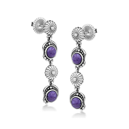 EXCLUSIVELY OURS! Sterling Silver Charoite Leaf and Flower Dangle Earrings