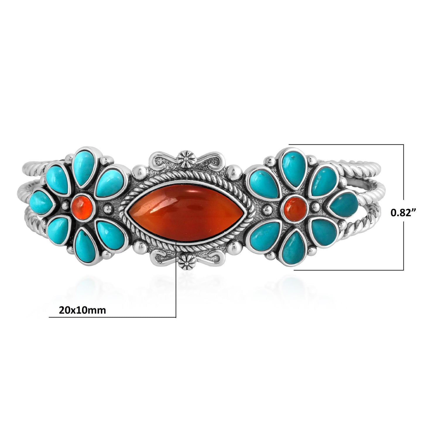 Sterling Silver Red Onyx Kingman Turquoise Floral Cluster Cuff Bracelet