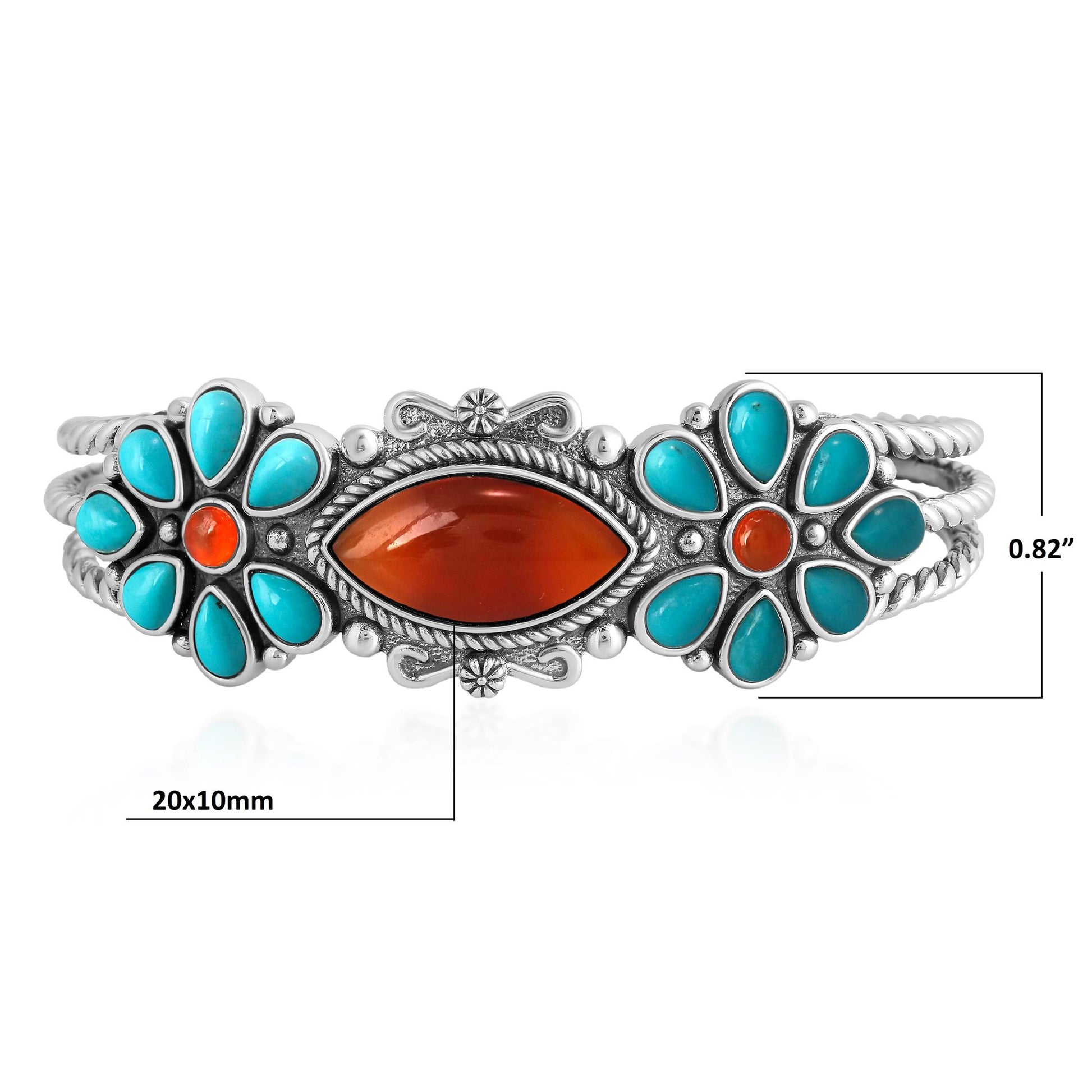 Sterling Silver Red Onyx Kingman Turquoise Floral Cluster Cuff Bracelet