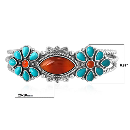 Sterling Silver Red Onyx Kingman Turquoise Floral Cluster Cuff Bracelet