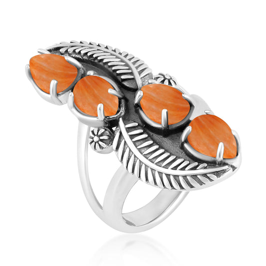 EXCLUSIVELY OURS! Sterling Silver Orange Spiny Oyster Elongated Leaf Ring