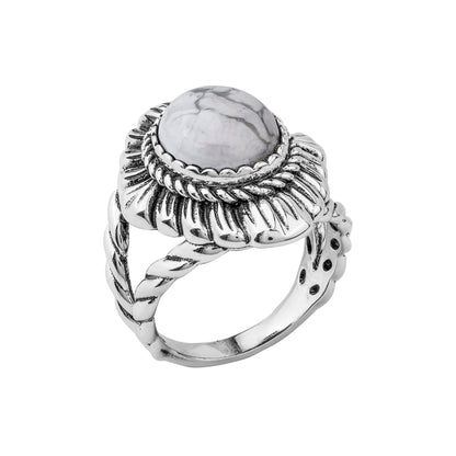 Sterling Silver White Howlite Oval-Cut Rope Scallop Design Ring