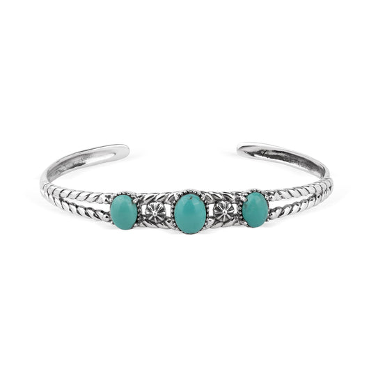 EXCLUSIVELY OURS! Sterling Silver Green Turquoise Oval Rope Friendship Cuff Bracelet, Sizes Small to Large