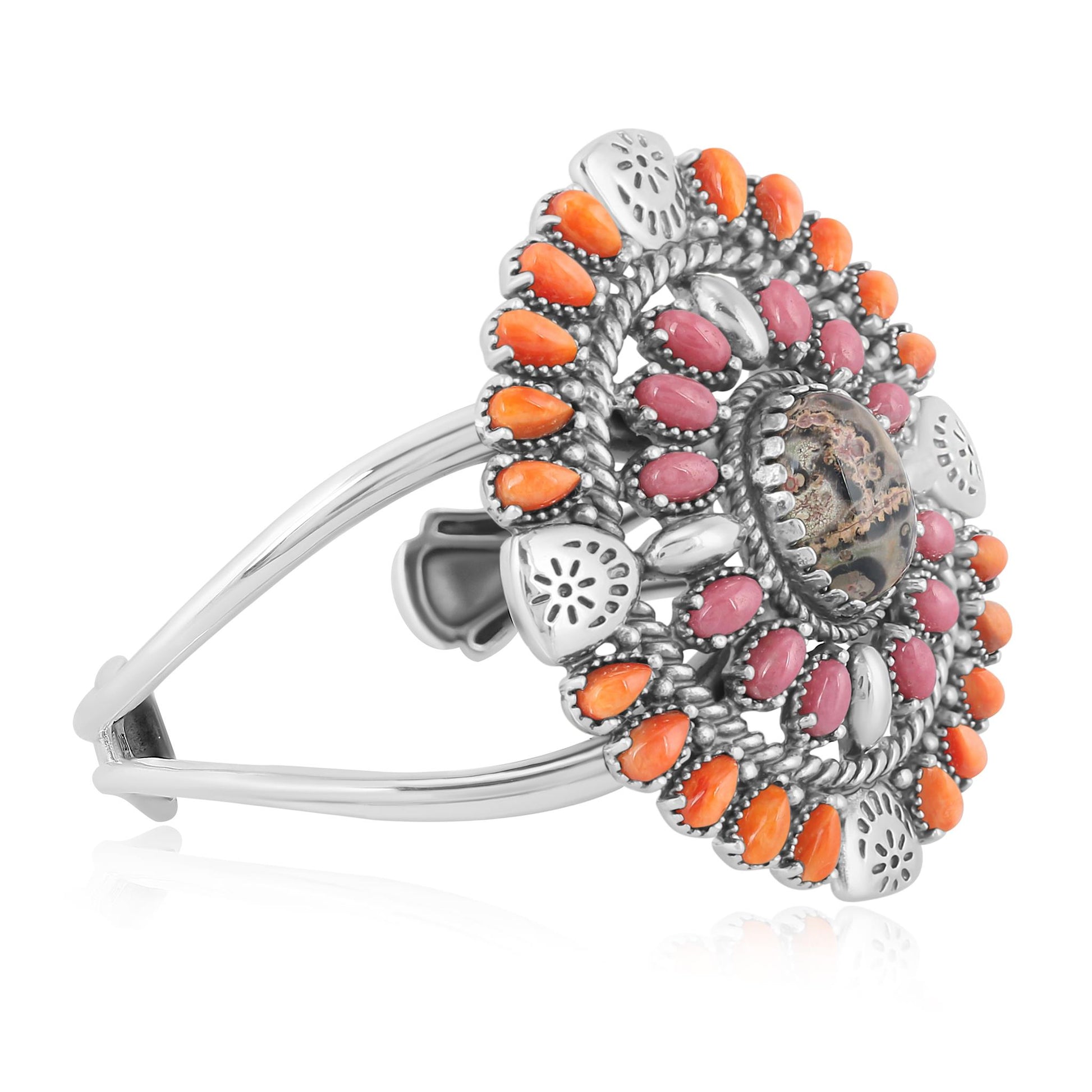Sterling Silver Leopard Jasper, Orange Spiny Oyster and Rhodonite Oval Floral Cluster Cuff Bracelet