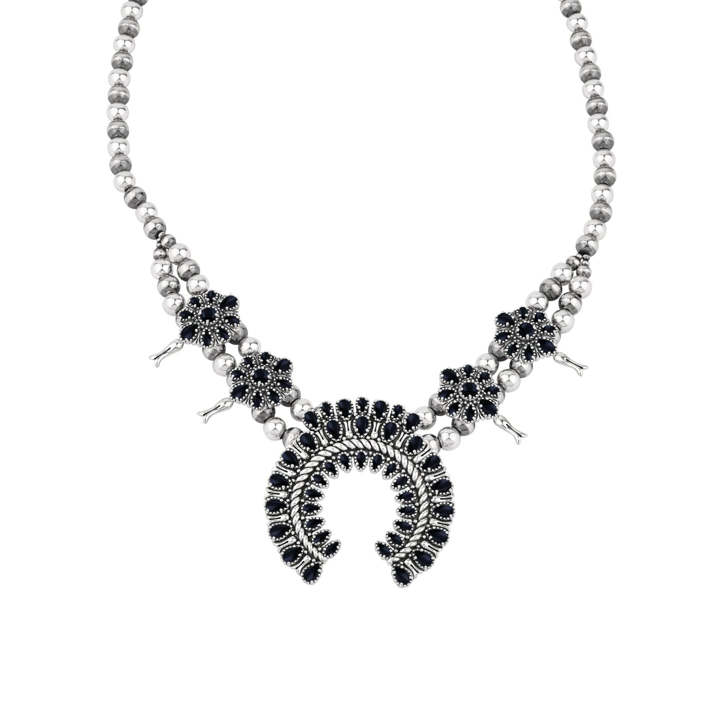  Sterling Silver Black Onyx Petit Point Naja Squash Blossom Necklace
