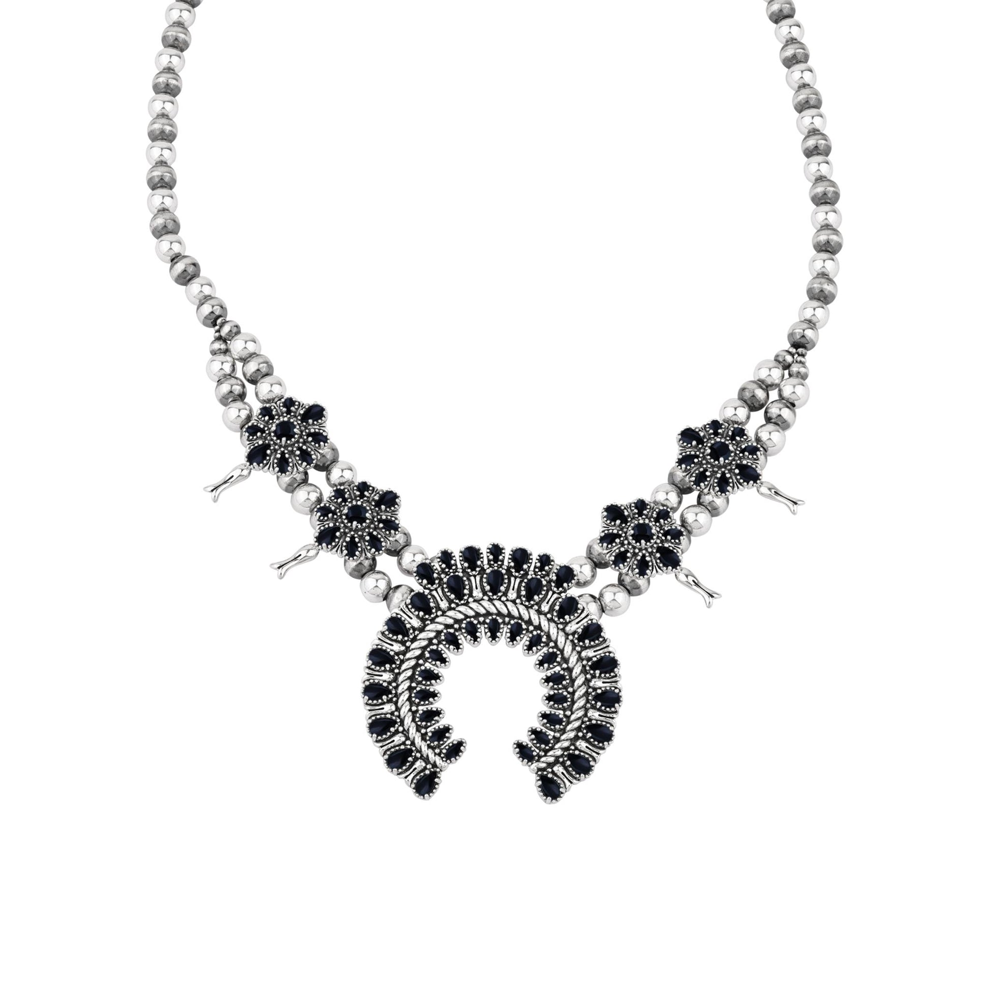  Sterling Silver Black Onyx Petit Point Naja Squash Blossom Necklace