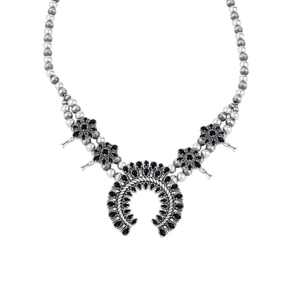  Sterling Silver Black Onyx Petit Point Naja Squash Blossom Necklace
