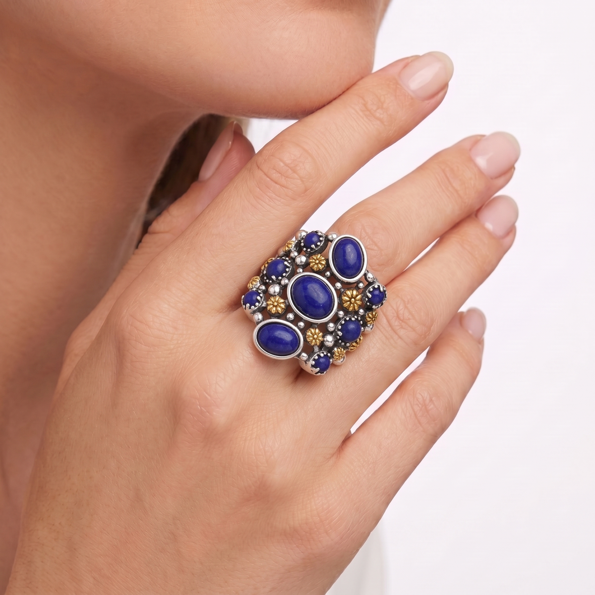Sterling Silver Lapis Two-Tone 9 Gemstone Concha Ring, Sizes 5 to 10