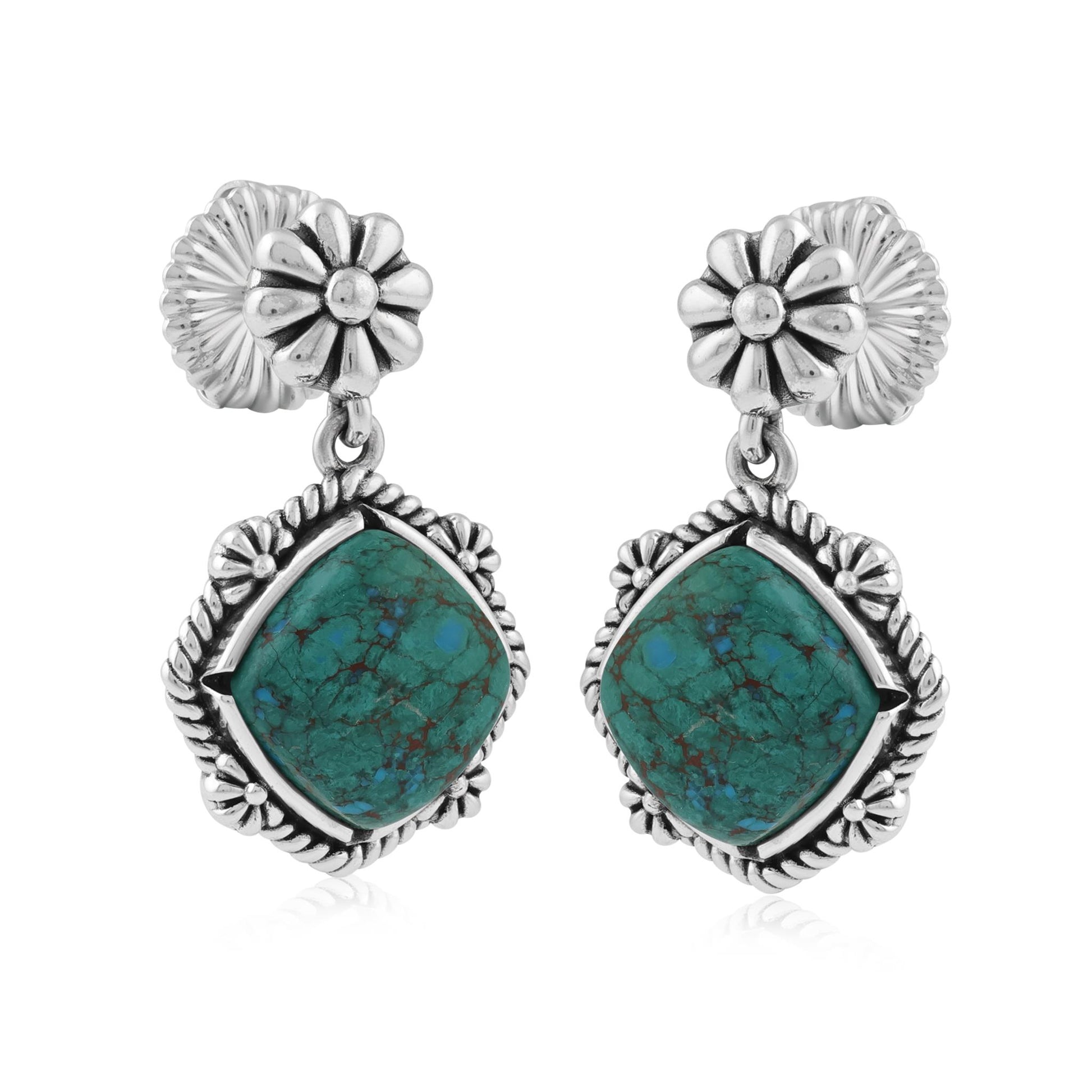Sterling Silver Chrysocolla Cushion-Cut Concha Flower Post Earrings 
