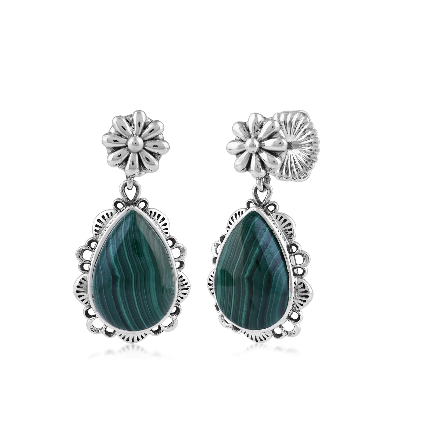  Sterling Silver Malachite Pear-Cut Concha Dangle Earrings