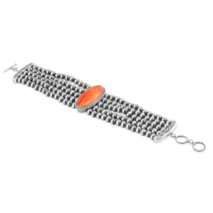 Sterling Silver Orange Spiny Oyster Oval Cut Triple Bead Toggle Bracelet, Sizes Small to Large