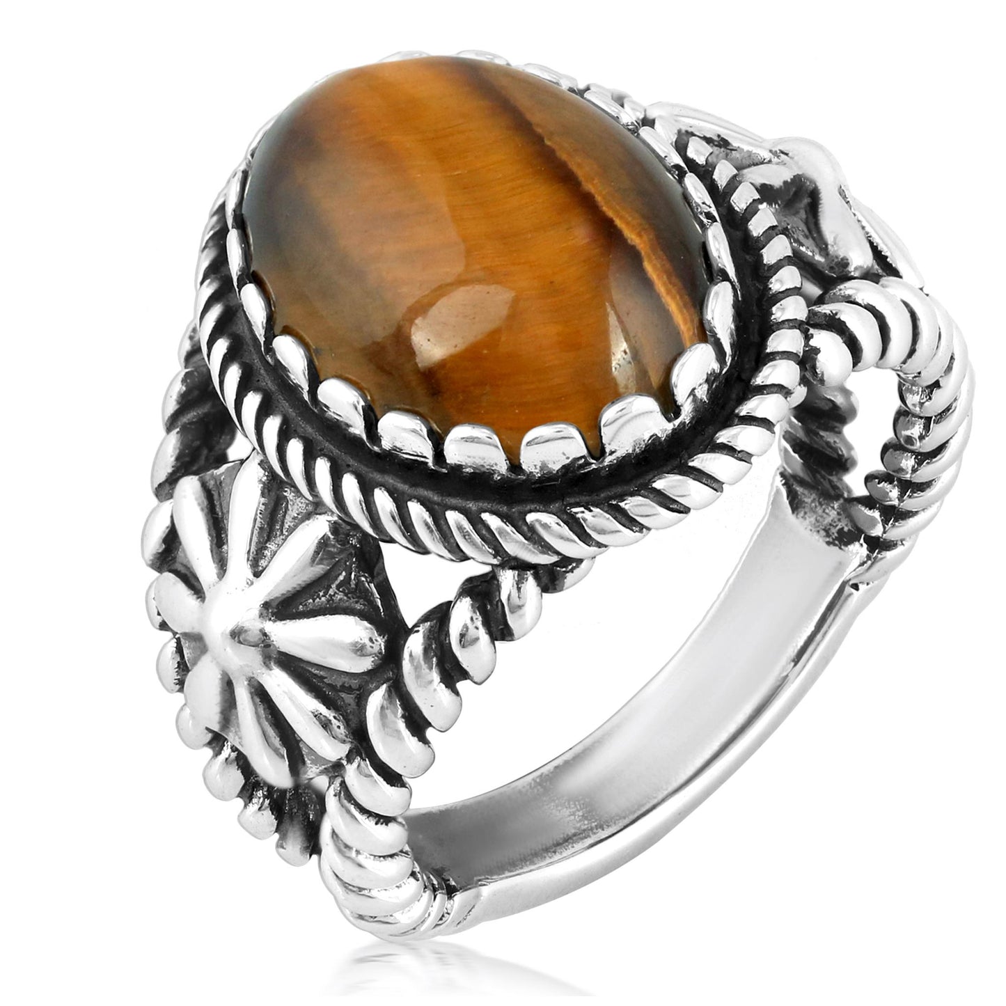 Sterling Silver Tiger's Eye Concha Flower Design Ring, Sizes 5 to 10