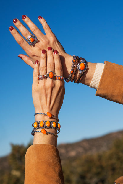 Sterling Silver Orange Spiny Oyster Santa Fe Concha Link Bracelet, Sizes Small to Large